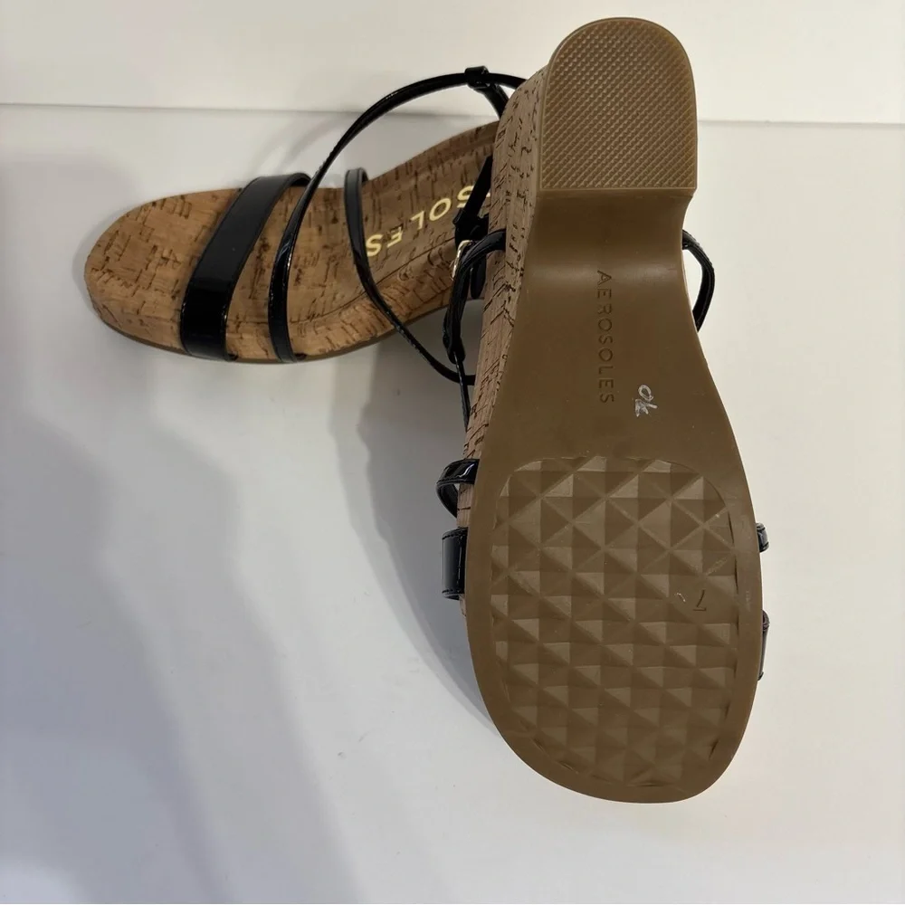 AEROSOLES Black Patent Cork Footbed Strappy Sandals
